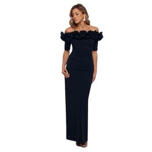 Xscape Isla Long Scuba Crepe Off The Shoulder Ruffle Top Dress. Black 10P #1276